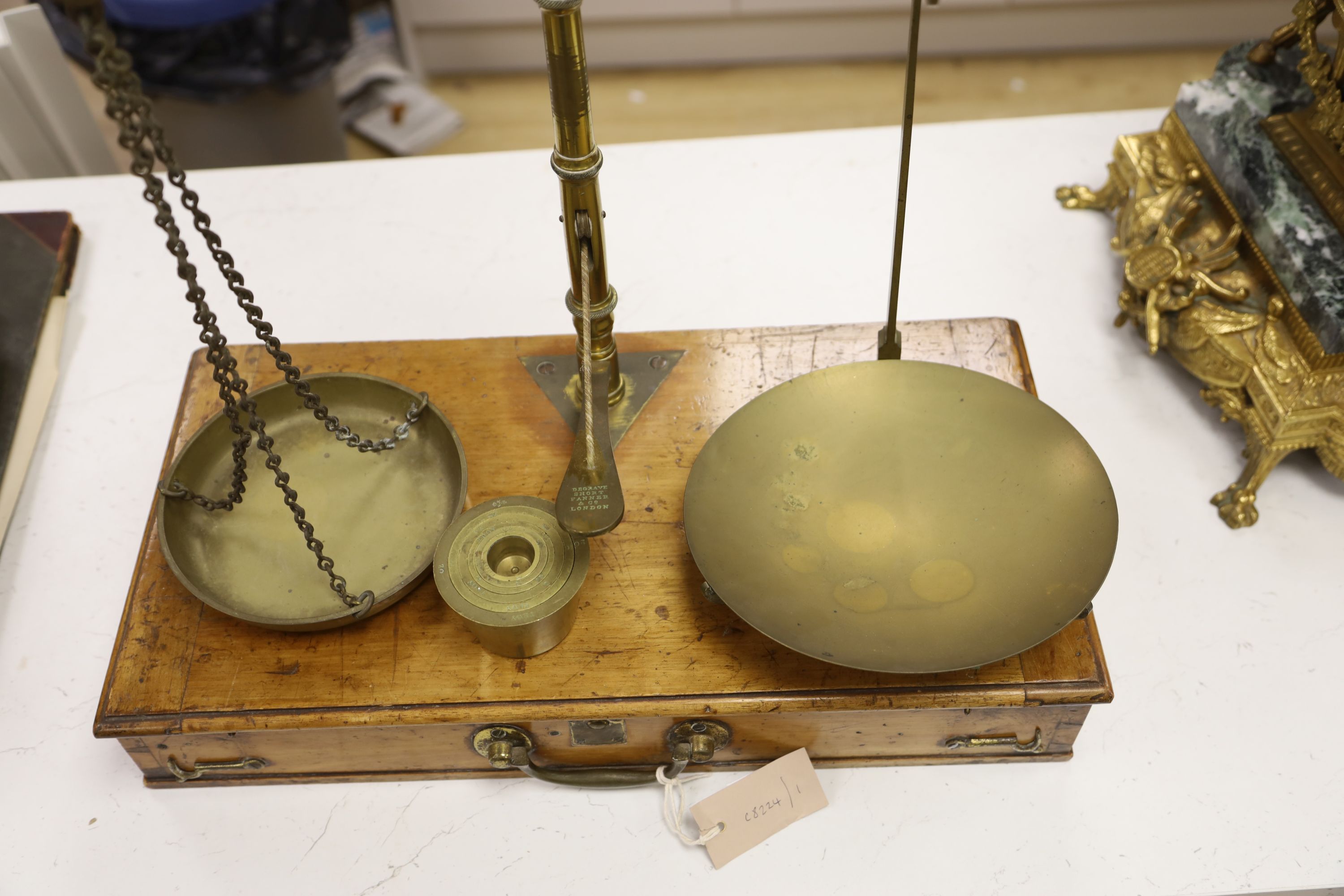 A set of Victorian mahogany cased brass scales by De Crave, Short Fanner & Co, width 50cm height 70cm